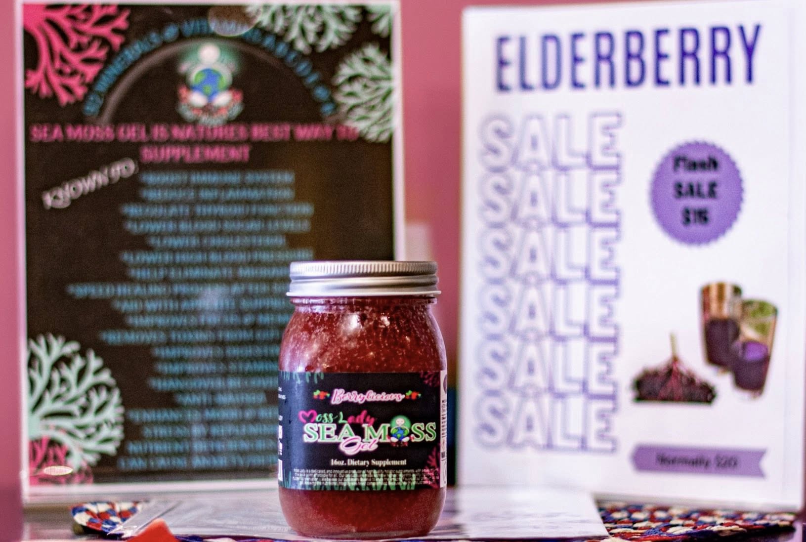 Sea moss gel and elderberry wellness products on display