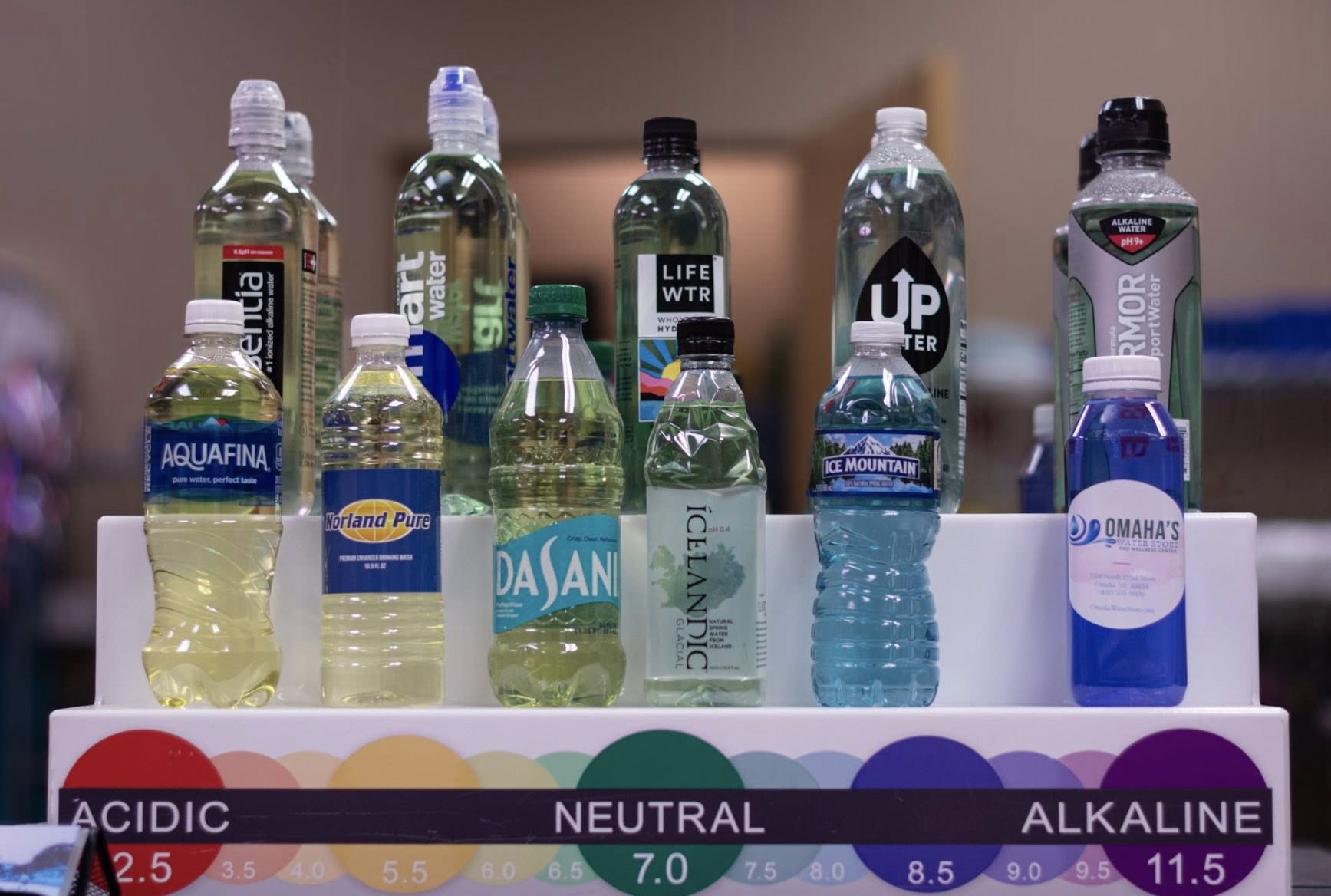 Bottled water comparison from acidic to alkaline pH levels